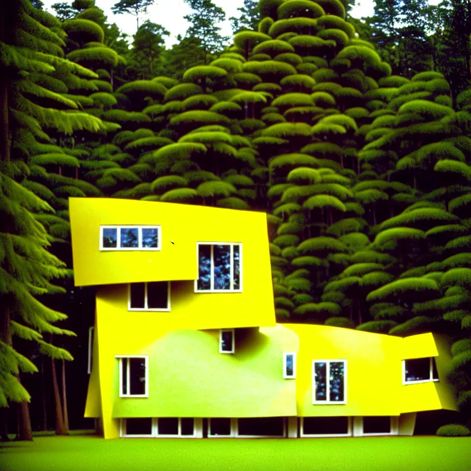 Image similar to a flat house from far away with big tiles, in a forest, designed by Frank Gehry. Film grain, cinematic, yellow hue