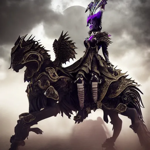 Prompt: actionism, soft painting fractal curiosities carnival, a single beautiful female in full gothic armor, riding a cavalry wolf, accurate features, focus, very intricate ultrafine details, black white purple volumetric clouds, award winning masterpiece, octane render 8 k hd