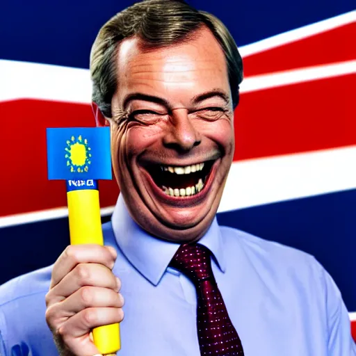 Image similar to nigel farage laughing holding lighter, burning eu flag, studio photograph, hd, studio