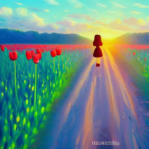 Image similar to girl with a giant tulip head, surreal photography, flower field, sunset dramatic light, impressionist painting, colorful clouds, blue sky, digital painting, artstation, simon stalenhag