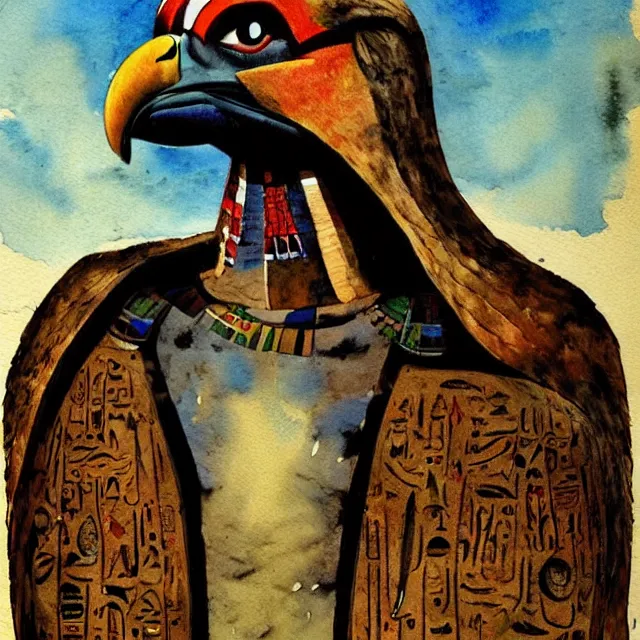 Image similar to expresionistic watercolor of Horus the falcon headed egyptian god, by Enki Bilal, by Dave McKean