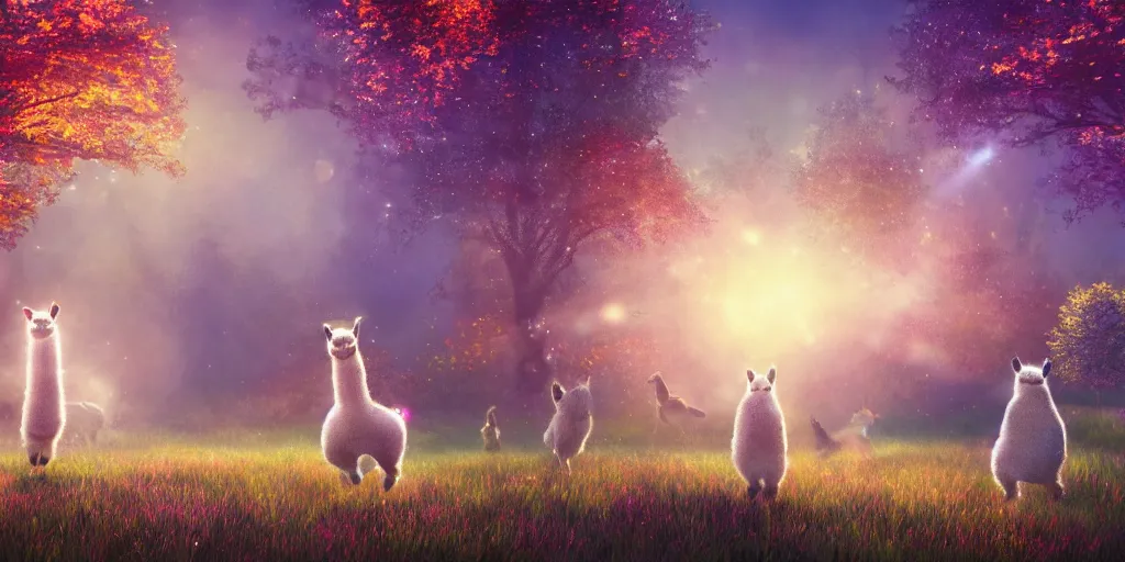 Image similar to magical fairy alpacas frolicking in a field, autumn, sparkles, light beams, photorealistic, hyperrealistic, fantasy, 8 k, trending on artstation