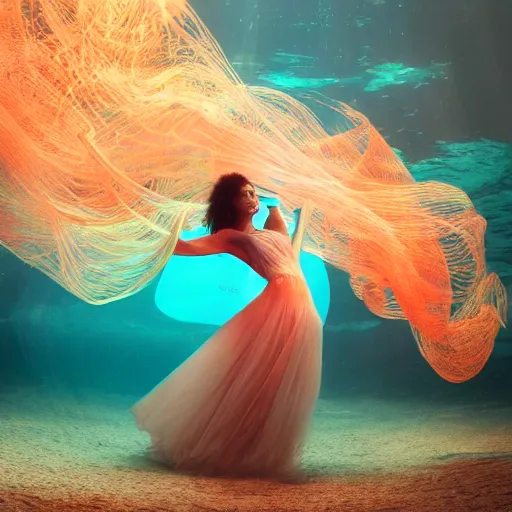 Prompt: woman dancing underwater wearing a long flowing dress made of many translucent layers of thin multi - colored wire, bolts of bright yellow fish, delicate coral sea bottom, swirling silver fish, swirling smoke shapes, octane render, caustics lighting from above, cinematic, hyperdetailed