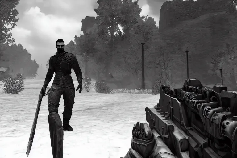 Image similar to gigachad in valorant, ingame screenshot, black and white, high detailed