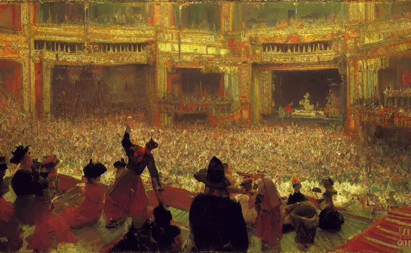 Image similar to high quality high detail painting by ilya repin, establishing shot of a theater show, hd