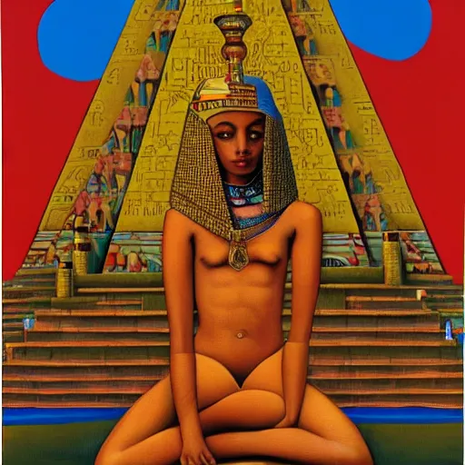 Prompt: a high priestess sitting cross - legged in front of a golden pyramid, by abdul mati klarwein