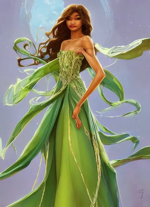 Image similar to beautiful zendaya as tiana princess disney, intricate, elegant. highly detailed, digital painting, artstation, concept art, smooth, sharp, focus, illustration, art by artgerm and greg rutkowski and alphonse mucha