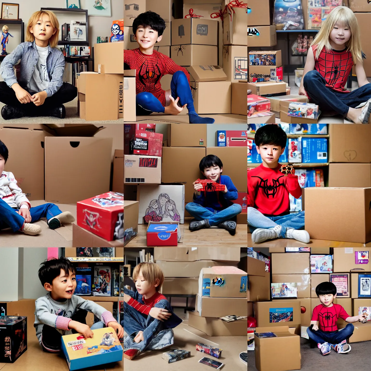 Prompt: A young Korean boy with long blond hair sitting on the floor, surrounded by open boxes from Amazon , and playing with a Spiderman funko pop doll, by Annie Leibovitz