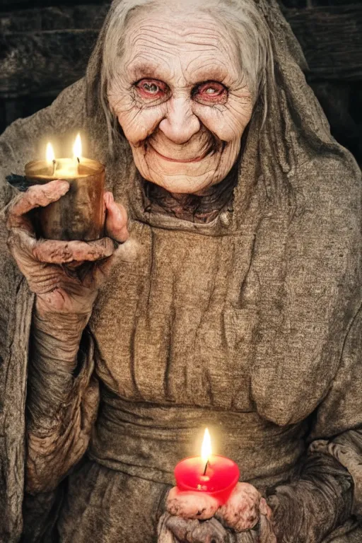 Image similar to old wrinkled woman with pustules, evil smile, medieval clothing, lord of the rings style, highly detailed, creepy atmosphere, candles