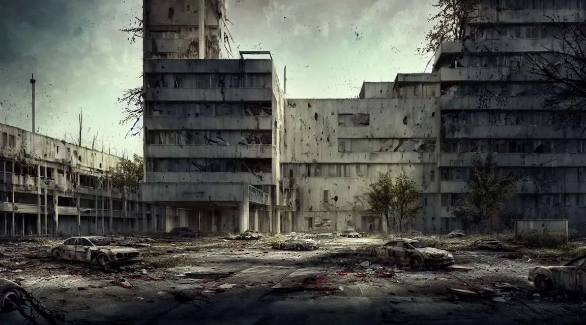 Image similar to post apocalyptic hospital building, morning, building, avenue, modern contemporary urban americana concrete architecture, by pascal blanche, neil blevins, apocalyptic color palette, trending on artstation, photorealistic, wilderness ambiance, ultra detailed, high definition, depth of field, bokeh, rubble, wild vegetation, blood stains, building crumbling, human silhouettes walking
