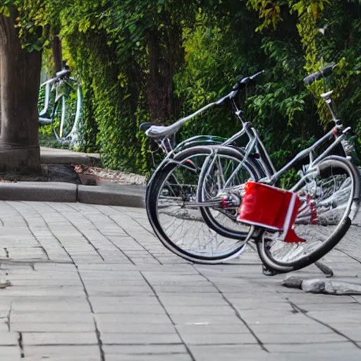 Prompt: cats stealing bycicles in a park in the afternoon, dslr photo