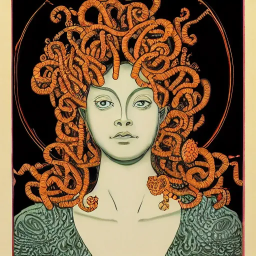 Image similar to detailed, portrait of medusa looking into space, surrounded by lotus flowers and geometry