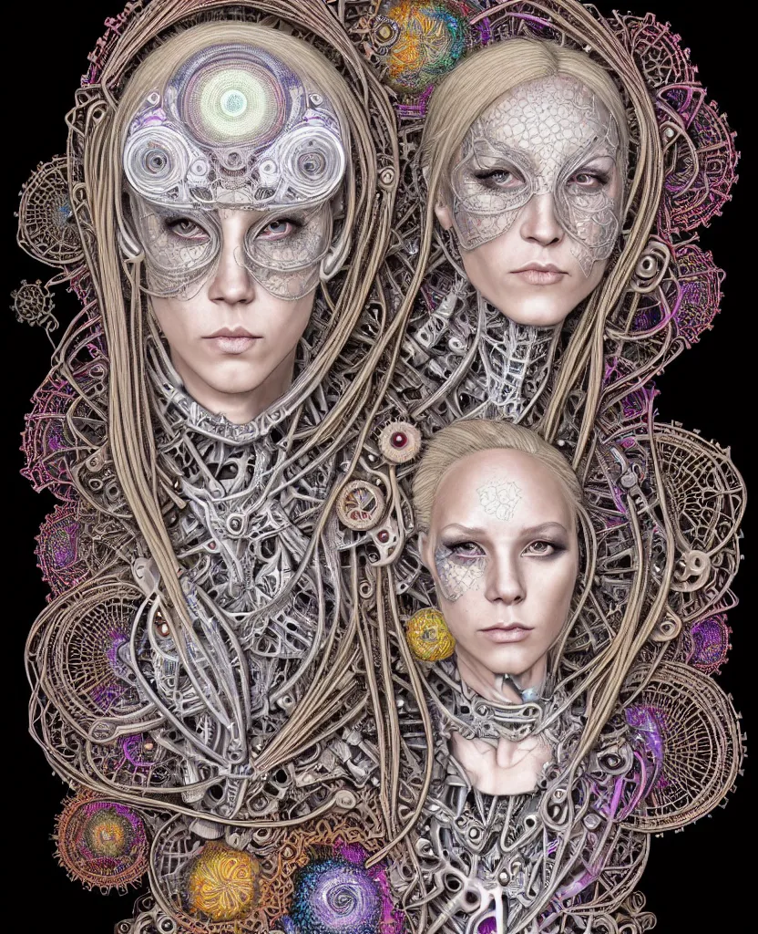 Image similar to full colour photographic beautiful biomechanical female blonde dreadlock cyborg, realistic skin, geometrical octagonal lace tattoos, alexander mcqueen, art nouveau fashion embroidered, futuristic android jones style steampunk, trippy lsd hippie, craftsmanship, intricate silver filigrees, hexagonal mesh wire, mandelbrot fractal spiral mandala, alex grey, giger, hyperreal, photorealistic