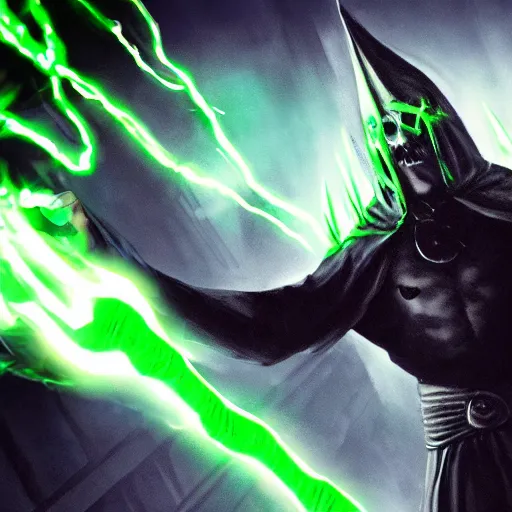 Prompt: illustration of dark priest holding green lightning, black halo, evil, power, green mist, scary, photorealistic, unreal engine, hellish background, mtg, dnd