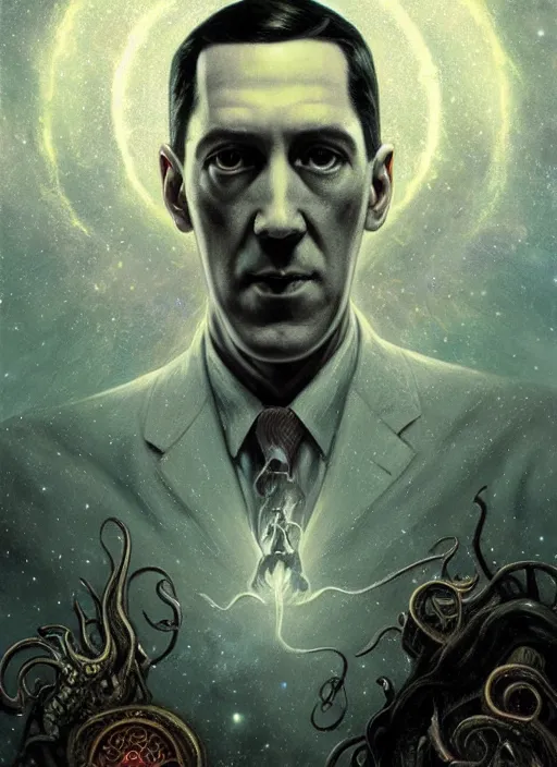 Prompt: h. p. lovecraft surrounded by starlight, moon behind him, lovecraftian, fantasy, intricate, elegant, hyper detailed, ultra definition, photoreal, artstation, unreal engine rendered, concept art, smooth, sharp focus, illustration, art by artgerm and greg rutkowski and alphonse mucha and garis edelweiss