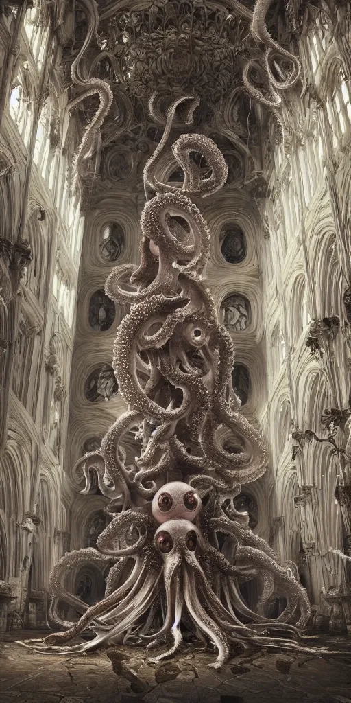 Image similar to group of mankind species mages with enormous translucent octopus heads floating around inside an ancient mage castle hall colossal scale, gothic and baroque, brutalist architecture, ultradetailed, intricate details by Ellen Jewett and Ayami Kojima