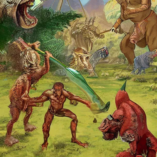 Image similar to A large dinosaur! fighting with several realistic detailed cavemen with proportioned bodies, next to the dinosaur are cavemen, the cavemen are armed with spears, the caveman are in a fighting stance, the cavemen are wearing animal furs, one caveman is stabbing the dinosaur with his spear, one caveman is cowering in fear, coarse canvas, visible brushstrokes, intricate, extremely detailed painting by William Turner (and by Greg Rutkowski)