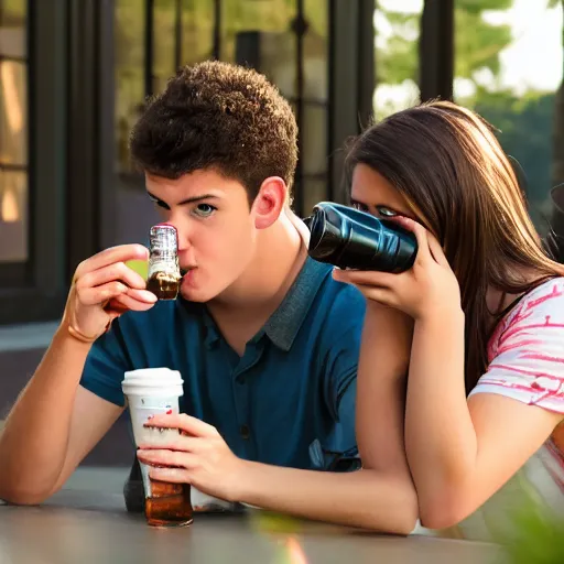 Image similar to very nervous male college student on his first date with a very attractive female at college shotgunning a beer on his birthday, in real life, hyper realistic, realistic, great detail, very very detailed, detailed, 8 k, 4 k uhd