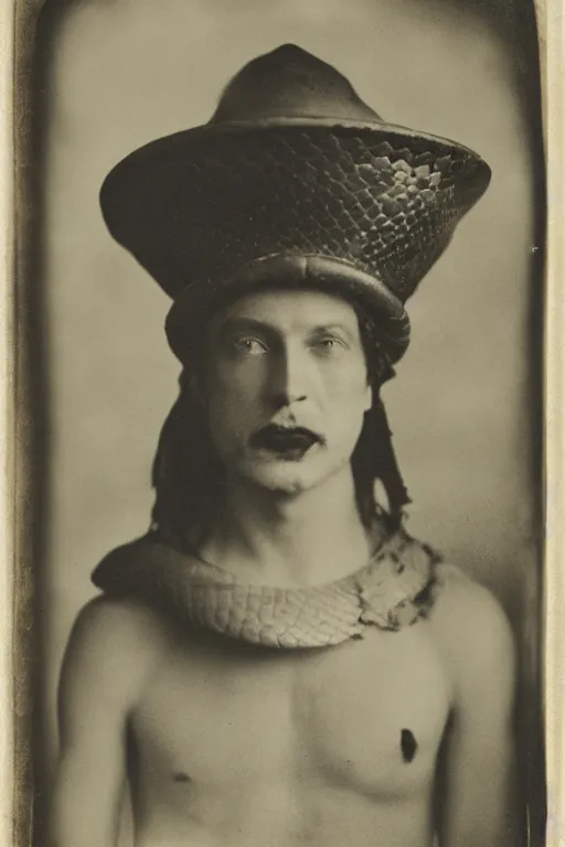 Prompt: a wet plate photo of a snake wearing a jester hat