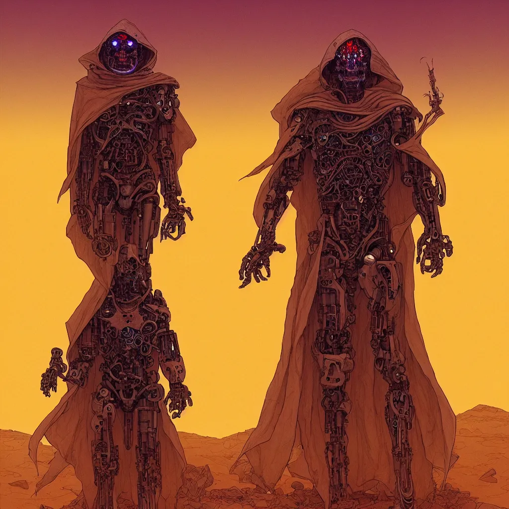 Prompt: a cyborg dressed in a large cloak walking through a dangerous desert, skull, guardians, night. close up, in the center, centered, epic, intrincate, volumetric, strange dimension, full body, devianart, by moebius, jean giraud & kilian eng moebius style