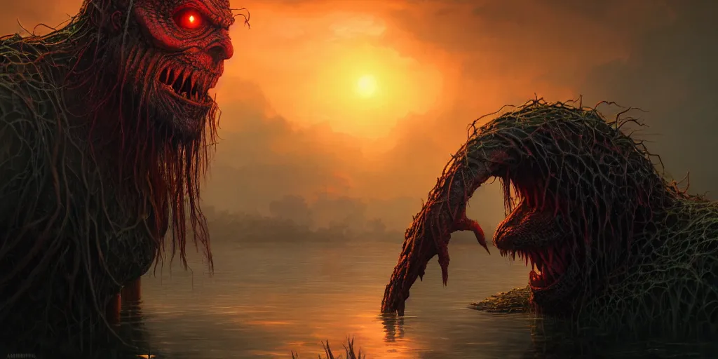 Prompt: a close up, swamp monster with red eyes, emerging from the lagoon at sunset, volumetric lighting, highly detailed, digital painting, artstation, concept art, matte, sharp focus, illustration, art by artgerm and greg rutkowski and alphonse mucha