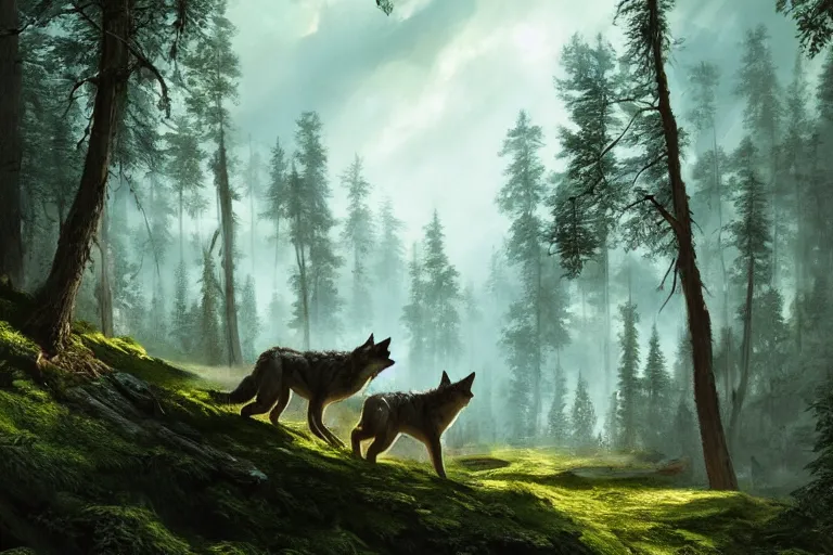 Image similar to two wolves in the forest, beautiful dynamic lighting, cinematic, wide angle establishing shot, extremely high detail, cinematic lighting, post processed, concept art, artstation, matte painting, style by frederic church, raphael lacoste