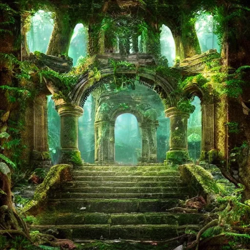 Prompt: beautiful ancient magical overgrown secret place, mysetrious etherial mesmerizing atmosphere, ancient ruins in the forest, extremely intricate, hyper detailed, hd, masterpiece