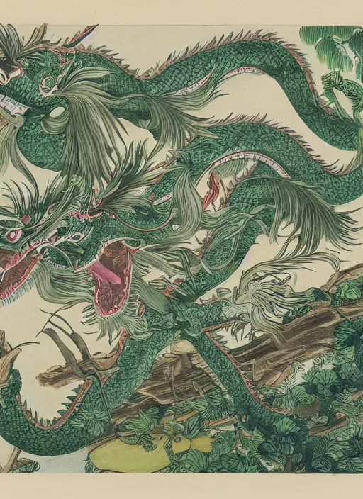 Image similar to vintage chinese dragon in a tropical forest, john james audubon, intaglio 8 k resolution