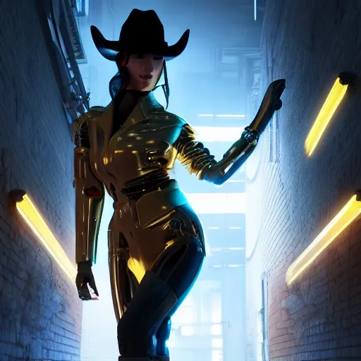 Image similar to beautiful female cyborg wearing cowboy hat walking in art deco cyberpunk alley, brilliant long green hair, glowing golden eyes, wearing long trench coat, bright silver revolvers in holsters, dynamic dramatic golden moody lighting, volumetric lighting, shadows,cinematic atmosphere,Artstation, hyperrealistic 3D digital art,Octane render,8K 4K UHD image