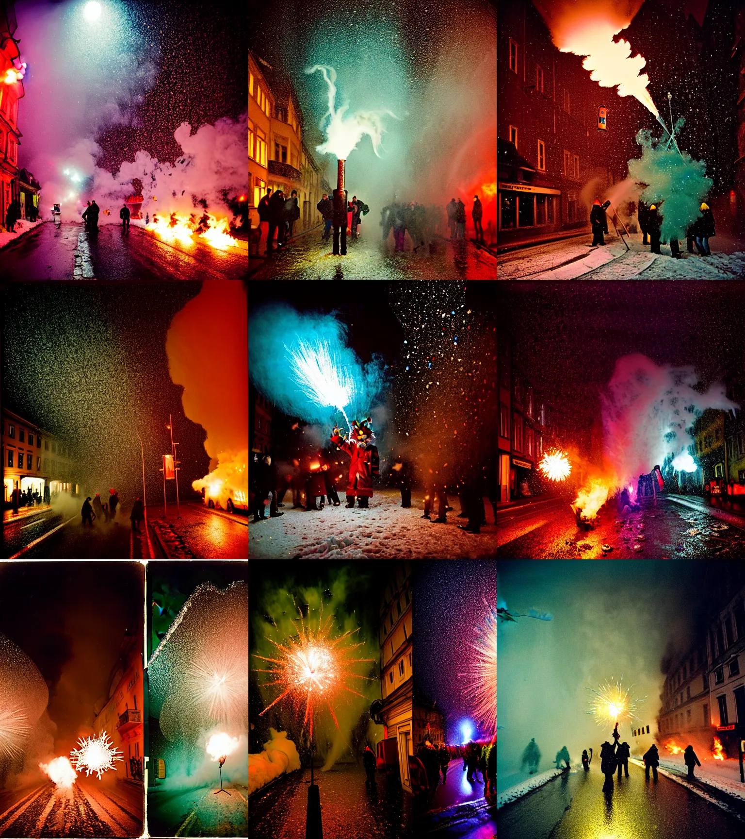 Prompt: kodak portra 4 0 0, wetplate, winter, snowflakes, rainbow coloured rockets, chaos, glitter tornados, award winning dynamic photo of a bunch of hazardous krampus between exploding fire barrels by robert capas, motion blur, in a narrow lane in salzburg at night with colourful pyro fireworks and torches, teal lights