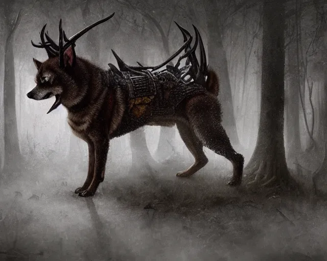 Image similar to 5 5 mm portrait photo of an armored demonic shiba inu with antlers, in a magical forest. dark atmosphere. art by greg rutkowski. highly detailed 8 k. intricate. lifelike. soft light. nikon d 8 5 0.