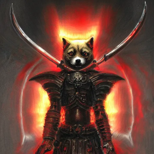 Prompt: angry anthropomorphic shiba inu, wearing berserk anime skull knight armor and sword, blood aura red light, fantasy, dark, portrait art by donato giancola and greg rutkowski, realistic face, digital art, trending on artstation, symmetry