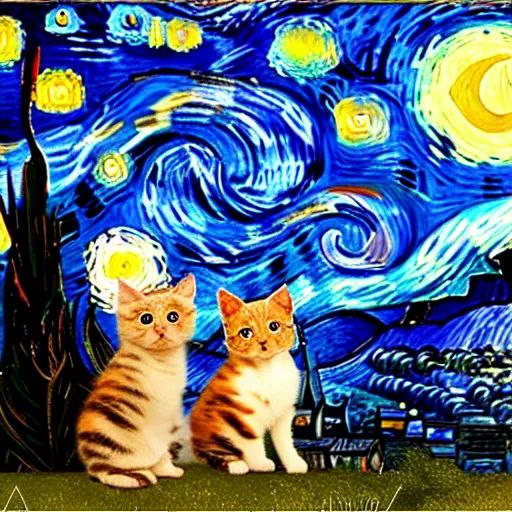 Prompt: van goh a starry night with kittens staring at the moon