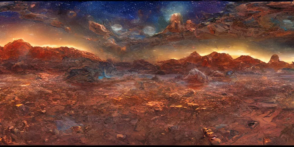 Prompt: the spectacular multiverse in the desert, equirectangular projection, painterly, artstation, digital painting, 8k