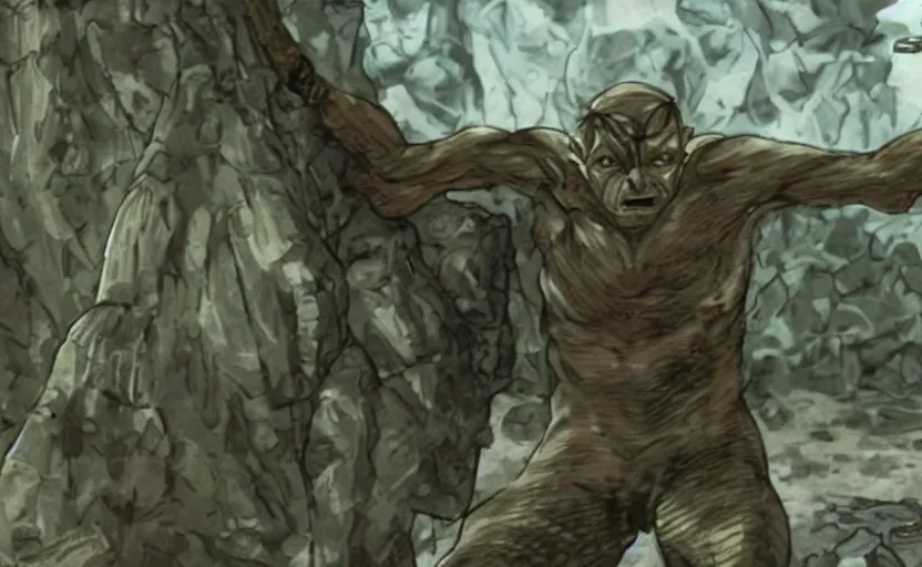 Image similar to a screenshot of gollum as solid snake in metal gear solid 1,