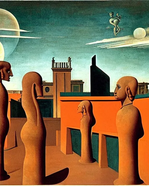 Prompt: painting by giorgio de chirico. grotesque faceless stone statues in a surreal stone city. dark orange, dark teal, brown, marble. uncanny statues on a flat roof with an ancient skyline silhouette against a dark teal sky.