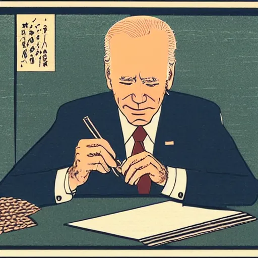 Image similar to Joe Biden writing his death haiku, Japanese woodblock print