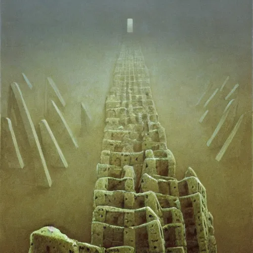 Prompt: arm reaching out of thick fog, many rows of stone blocks in far distance, floating in mid - air, symmetrically lined up horizontally, close together, levitating, zdzislaw beksinski