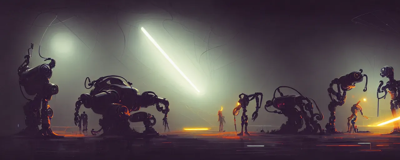 Prompt: duotone dark scifi illustration 3 / 4 portrait of robots assembling elements of website. cinematic lighting mad scientist style. golden ratio accidental renaissance. by sachin teng and sergey kolesov and ruan jia and heng z. graffiti art, scifi, fantasy, hyper detailed. octane render. concept art. trending on artstation