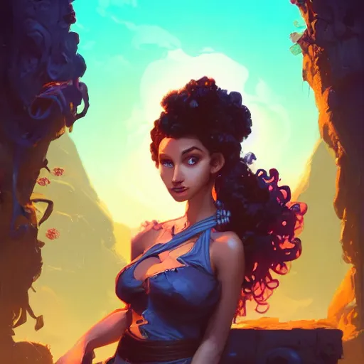 Image similar to portrait of a beautiful woman with black curly hair, maya ali mage, gloomhaven, dynamic lighting, gaudy colors, octane render aesthetic, matte painting concept art, official fanart behance hd artstation by jesper ejsing, by rhads and makoto shinkai and lois van baarle and ilya kuvshinov and rossdraws