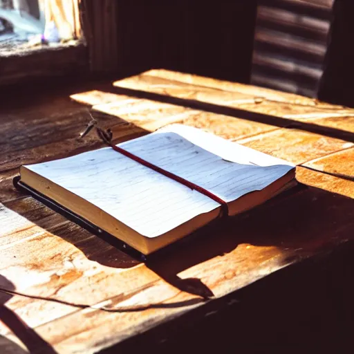 Image similar to highly detailed close up photo of an old worn notebook on wooden table, old table, feather pen, light coming out of near window, moody lighting, dust in air