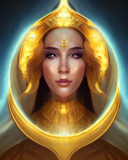 Image similar to digital painting portrait of a beautiful lunar priestess, gilding, celestial aura, radiant lighting, artgerm, gilded, artstation
