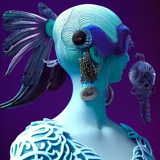 Image similar to 3 d goddess close - up profile portrait russian with ram skull. beautiful intricately detailed japanese crow kitsune mask and clasical japanese kimono. betta fish, jellyfish phoenix, bio luminescent, plasma, ice, water, wind, creature, artwork by tooth wu and wlop and beeple and greg rutkowski