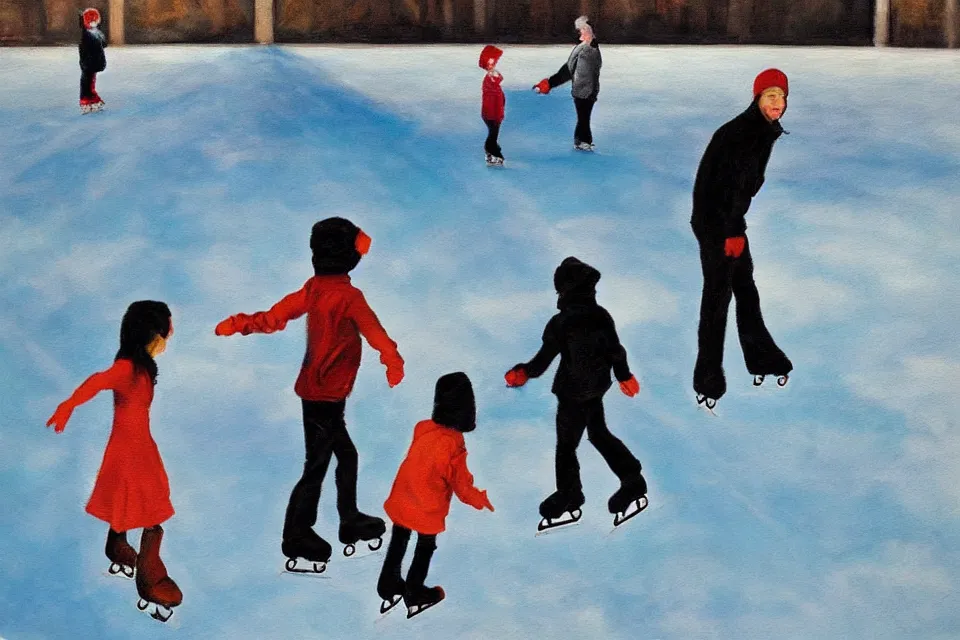 Image similar to “ice skating child and parent, surreal painting, wide angle”