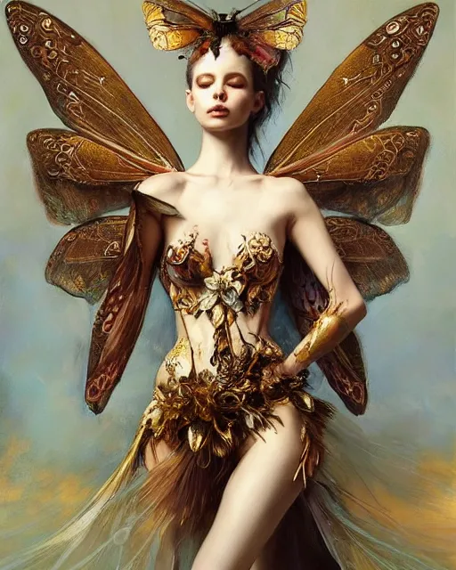 Image similar to Moth Fairy Maiden with large moth like wings wearing ornate dress by Ruan Jia and Andrei Riabovitchev, featured on Artstation, Hyperdetailed, stylized, realistic oil on linen, masterpiece, fantasy