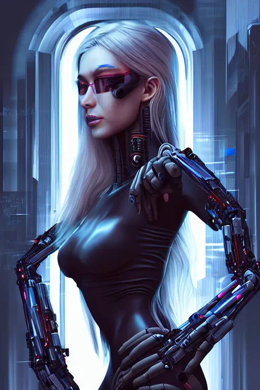 Image similar to portrait of a cyberpunk woman with biomechanichal parts by Artgerm, 35mm focal length, hyper detailled, 4K