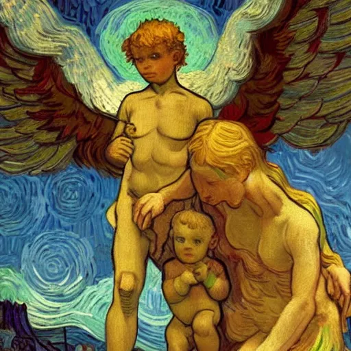 Image similar to guardian angel protecting child by michelangelo and Van Gogh, very detailed, deviantart, artstation