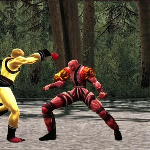 Image similar to fight screenshot of anderson silva vs yoshimitsu in tekken, detailed anderson silva face texture, ps 1 graphics, low poly, texture warp, pixel aliasing, fighting game in forest, sd video, tekken 1 playstation, health bar hud