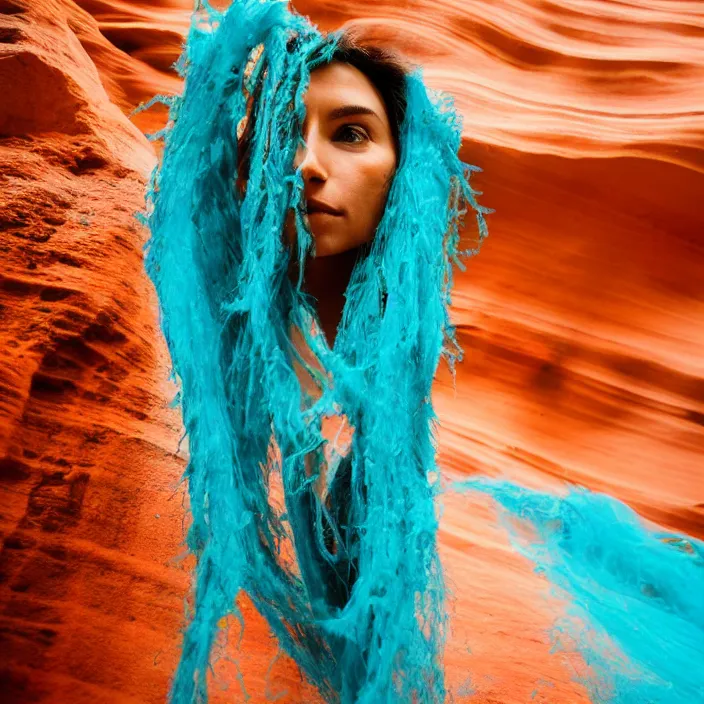 Prompt: closeup portrait of a woman wrapped in turquoise fiber, standing in antelope canyon in arizona, color photograph, by vincent desiderio, canon eos c 3 0 0, ƒ 1. 8, 3 5 mm, 8 k, medium - format print