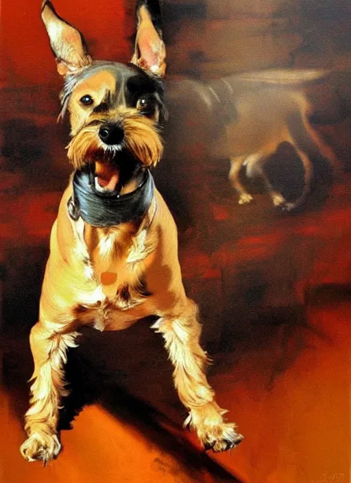 Image similar to tan!!! schnauzer! chihuahua! mix, enraged, painting by phil hale, 'action lines'!!!, graphic style, visible brushstrokes, motion blur, blurry